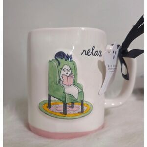 Rae Dunn Relax Ghost Reading Black Cat Halloween Coffee Cup Mug NWT